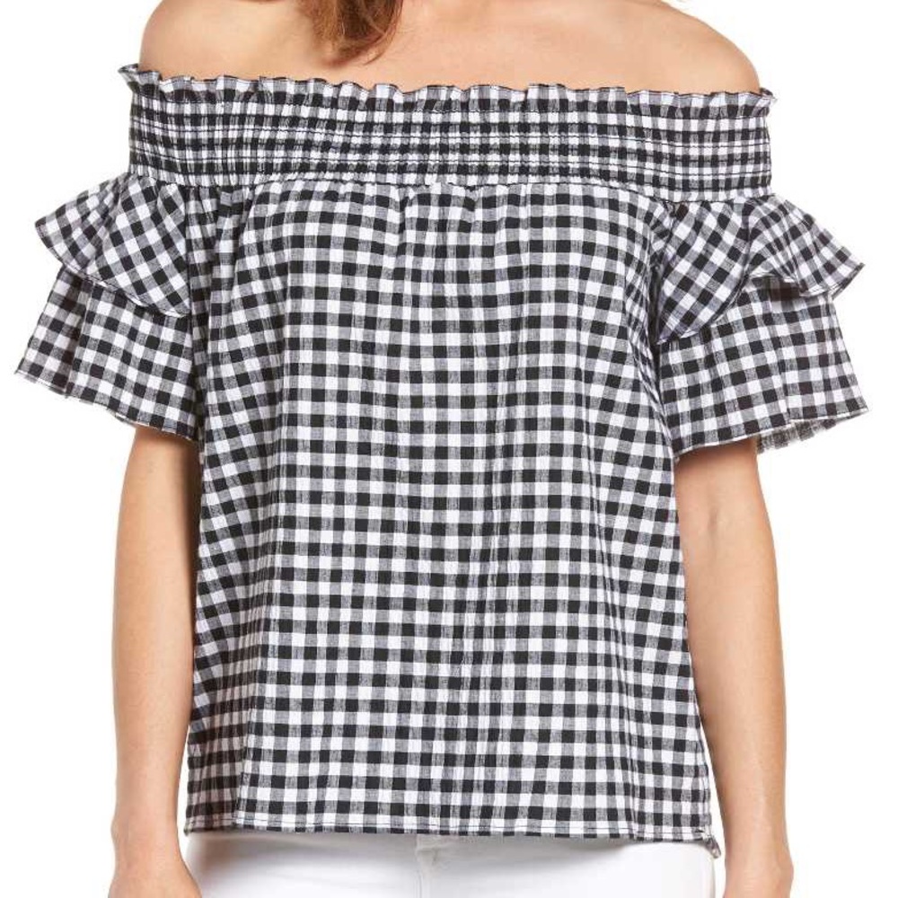 Caslon Black & White Off the Shoulder Short Tiered Sleeve Gingham Top